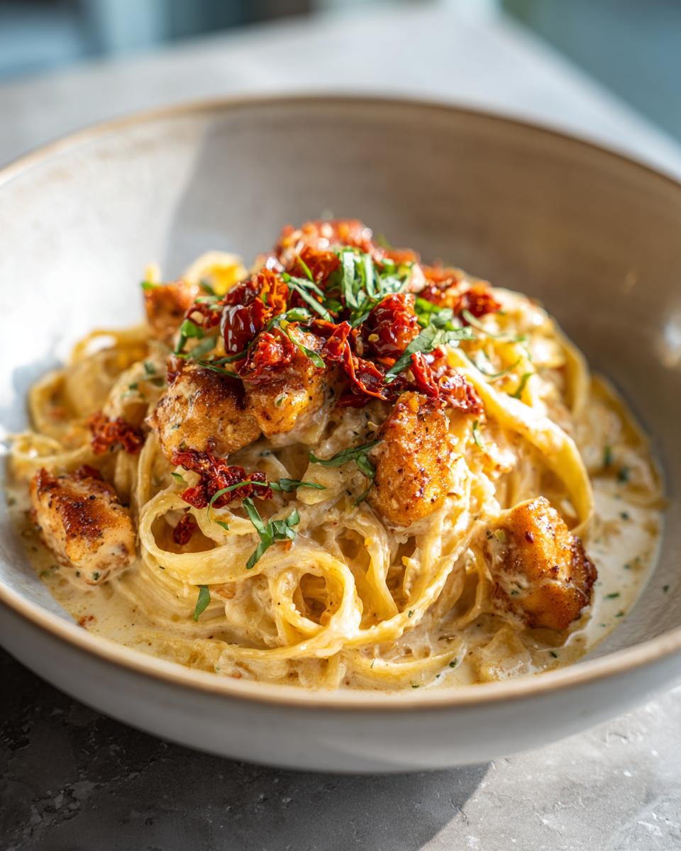 A close-up of creamy Parmesan Marry Me Chicken Pasta, topped with crispy chicken pieces and sun-dried tomatoes.