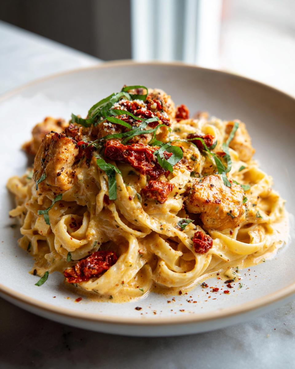 A plate of creamy Parmesan Marry Me Chicken Pasta topped with sun-dried tomatoes and fresh basil.