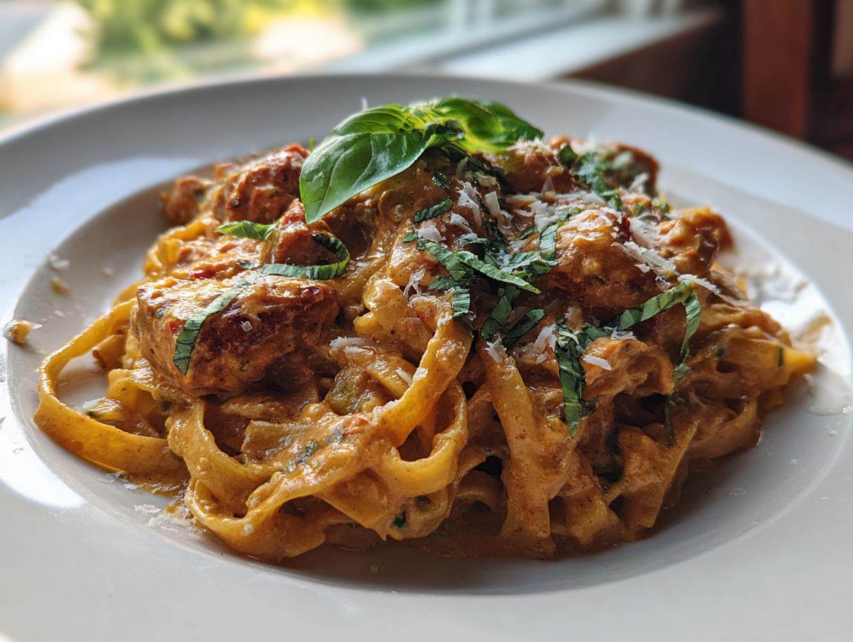 A close-up of creamy Parmesan Marry Me Chicken Pasta with fettuccine noodles, chicken pieces, and fresh basil.