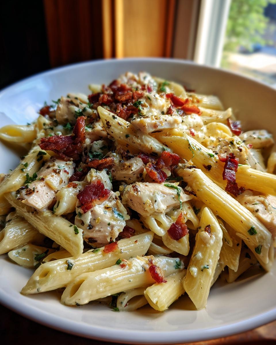A close-up of a bowl of Pasta Recipes With Chicken Bacon Ranch Penne, topped with crumbled bacon and fresh parsley.