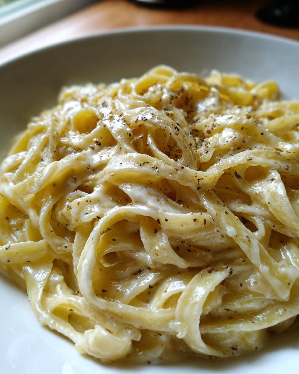 Close-up of fettuccine pasta coated in a rich, creamy Alfredo sauce with flecks of black pepper.