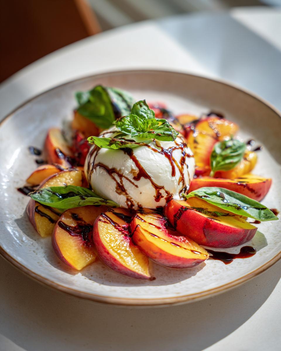 A beautiful summer salad featuring a fresh burrata cheese ball surrounded by sliced peaches, basil leaves, and drizzled with balsamic glaze.