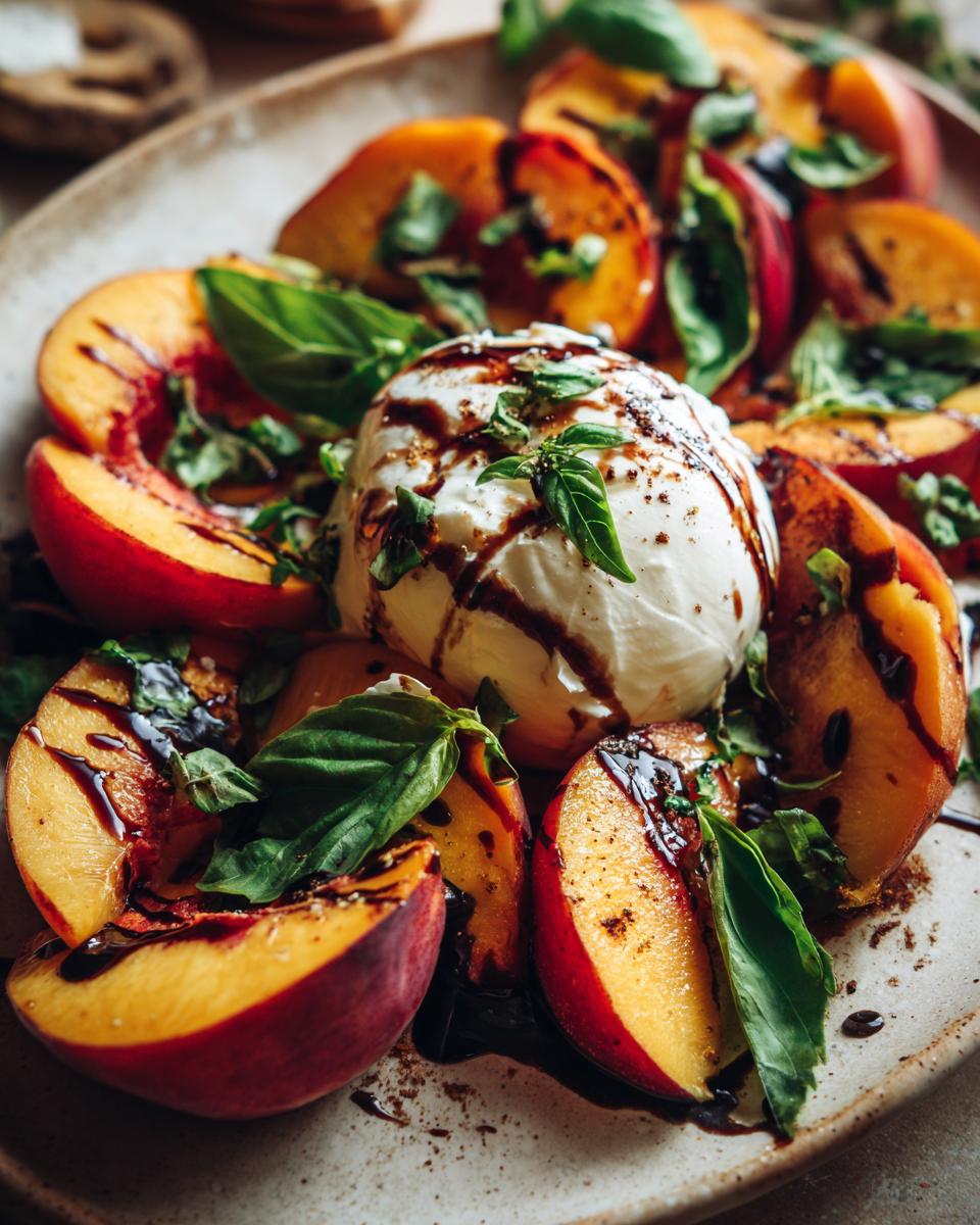A beautiful summer salad featuring grilled peach slices arranged around a creamy burrata ball, drizzled with balsamic glaze and fresh basil.