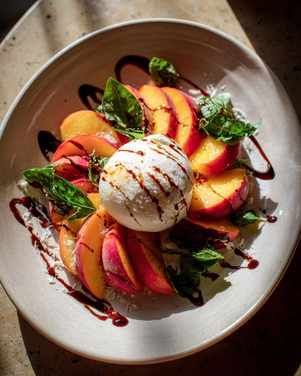 A refreshing summer salad featuring sliced peaches, creamy burrata cheese, fresh basil, and a balsamic glaze.
