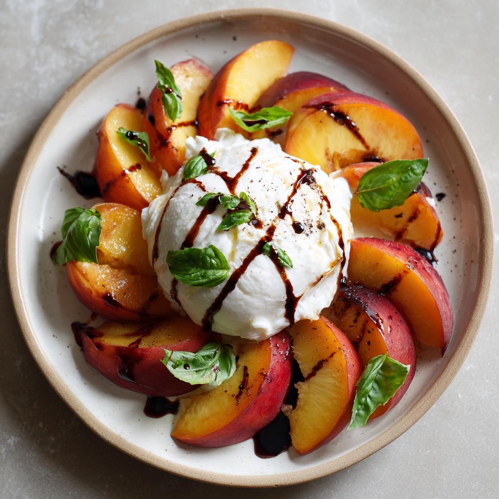 A beautiful peach burrata platter, featuring fresh burrata cheese surrounded by sliced peaches, drizzled with balsamic glaze and garnished with basil.