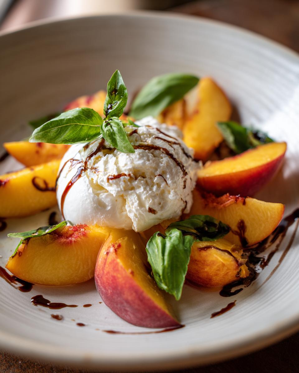 A refreshing summer salad featuring fresh peach slices surrounding a ball of burrata cheese, garnished with basil leaves and balsamic glaze.