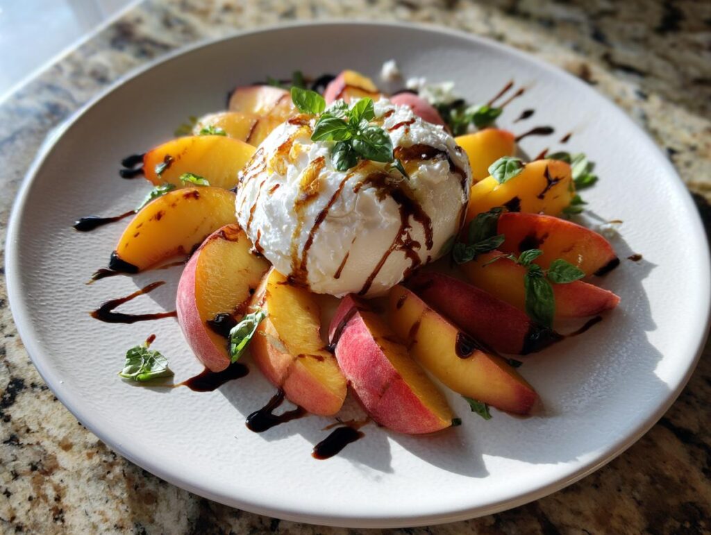 A beautiful summer salad featuring sliced peaches and creamy burrata cheese, drizzled with balsamic glaze and garnished with basil.
