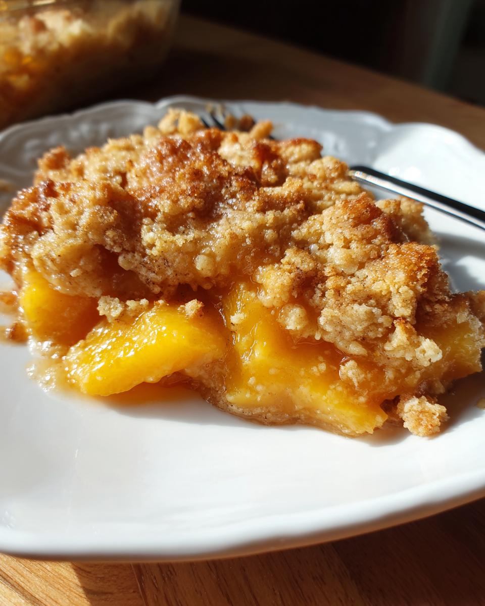 A close-up of a slice of peach cobbler with brown sugar topping, showcasing juicy peaches and a crumbly crust.