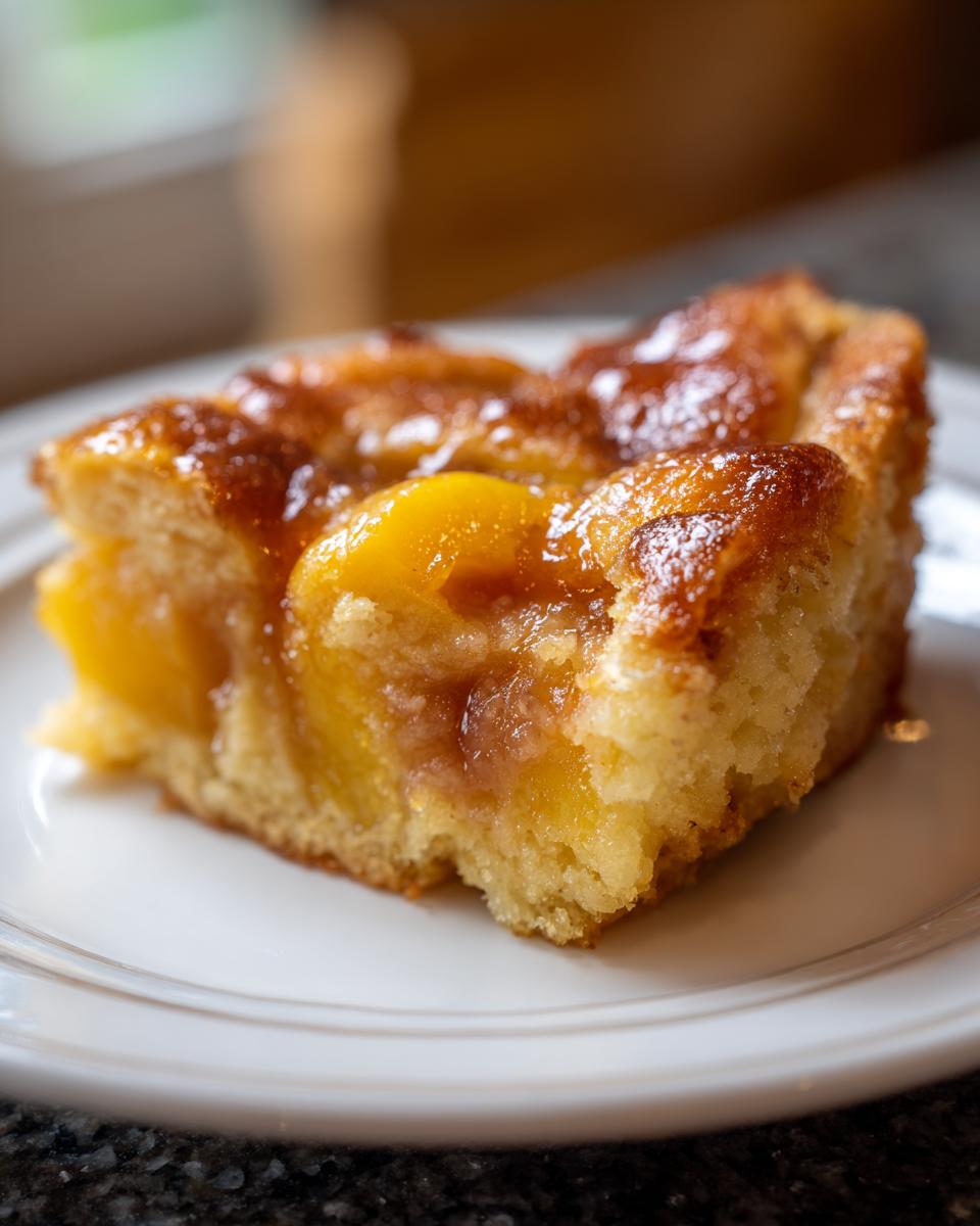 A slice of peach cobbler with brown sugar glaze on a white plate, showcasing tender peaches and a golden cake base.