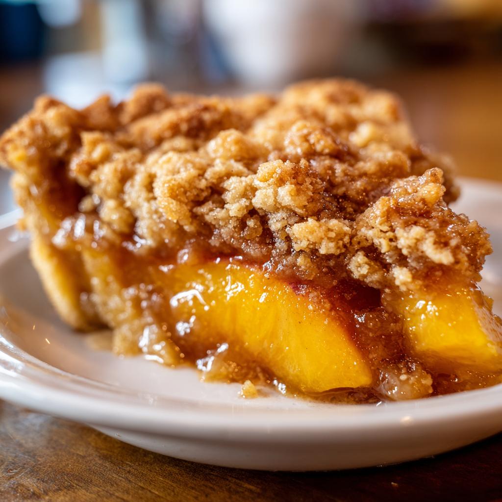 A close-up of a slice of peach cobbler with brown sugar crumble topping, showcasing juicy peach slices and golden crust.