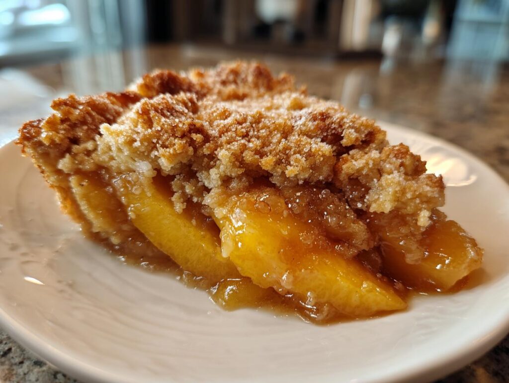 A close-up of a slice of peach cobbler with brown sugar crumble topping, showcasing juicy peaches and a golden crust.