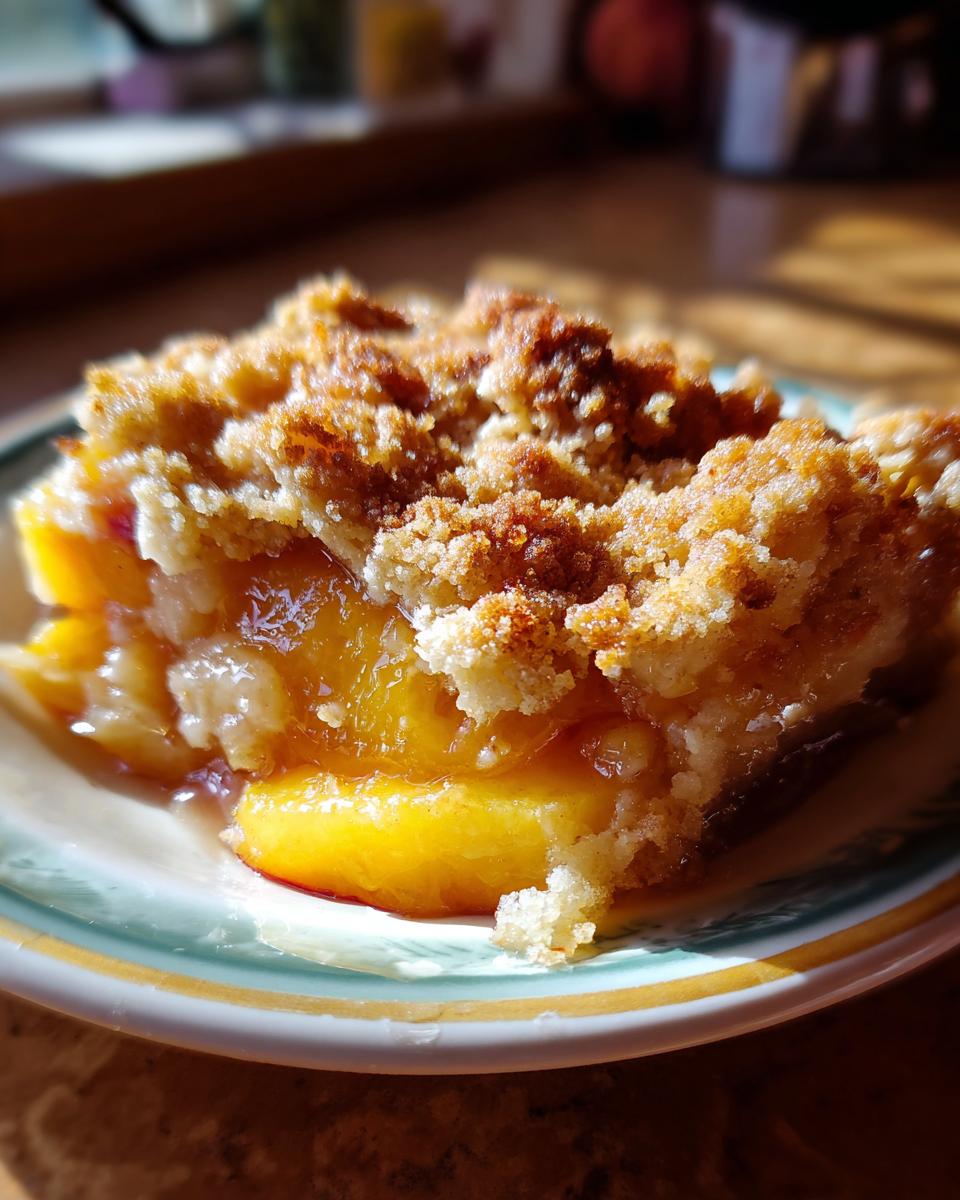 A close-up of a slice of peach cobbler with brown sugar crumble topping, showcasing juicy peaches.