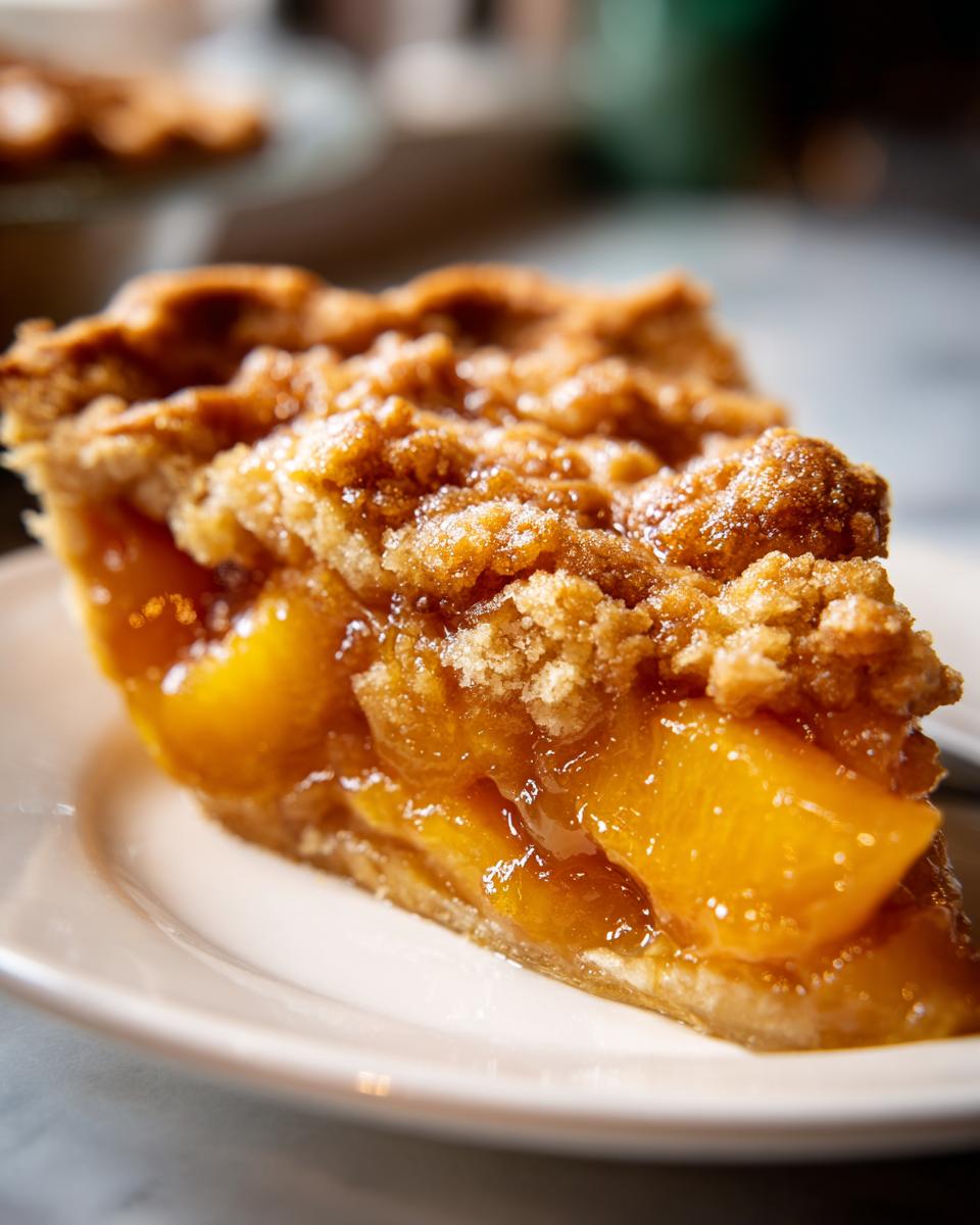 A close-up of a slice of peach cobbler with a brown sugar crumble topping, showcasing juicy peaches and flaky crust.