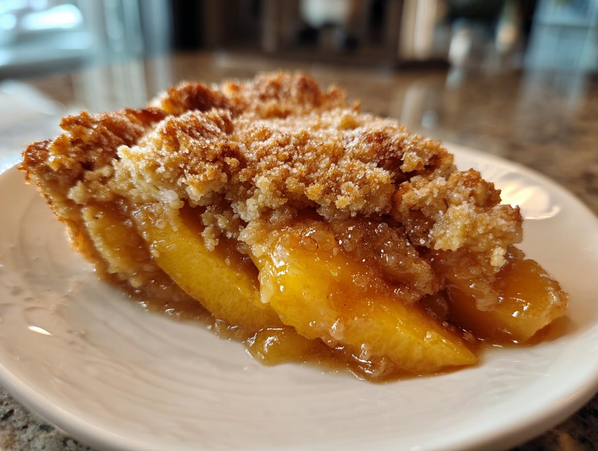 A close-up of a slice of peach cobbler with brown sugar crumble topping, showcasing juicy peaches and a golden crust.