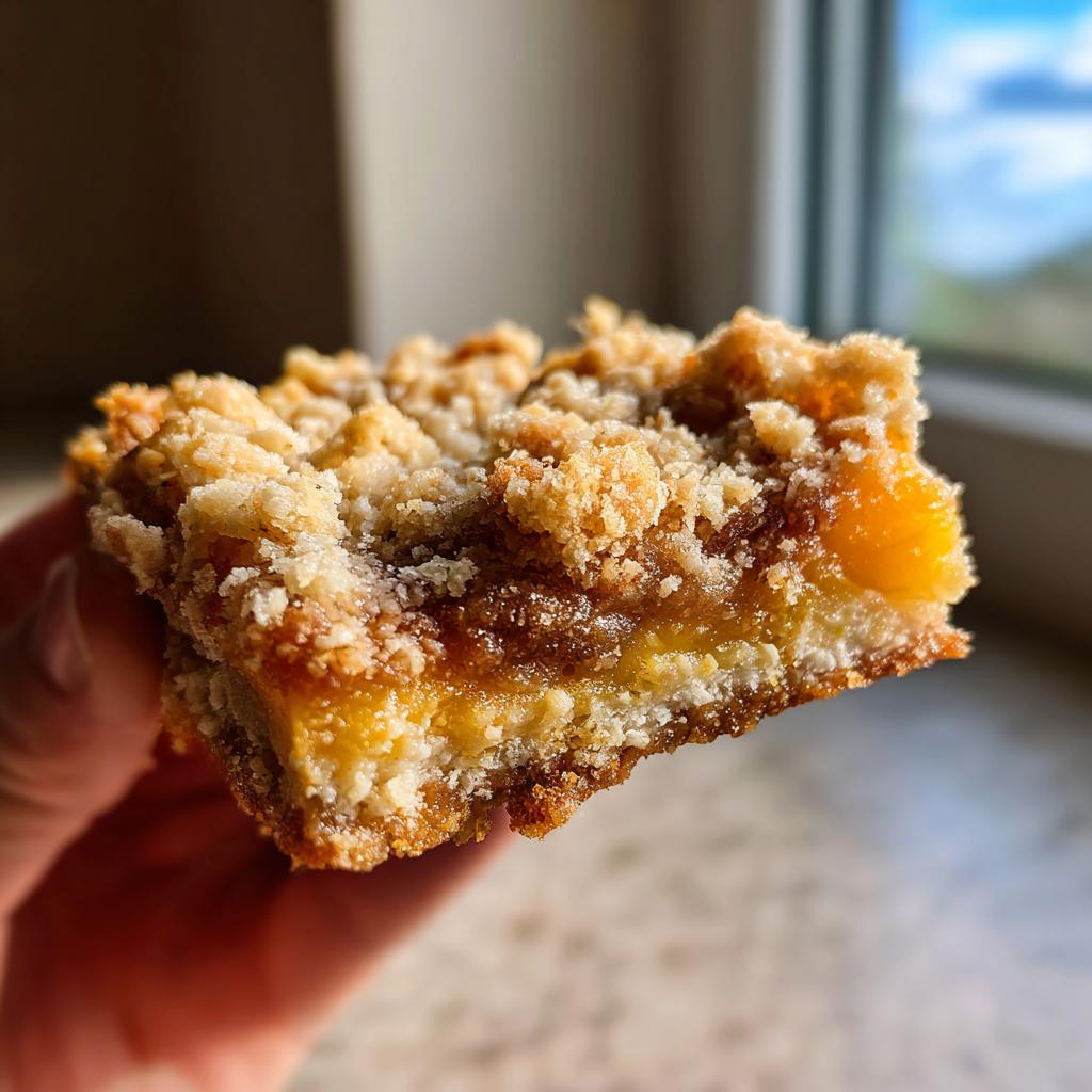 A close-up of a hand holding a delicious peach crumble bar with a buttery oat topping.