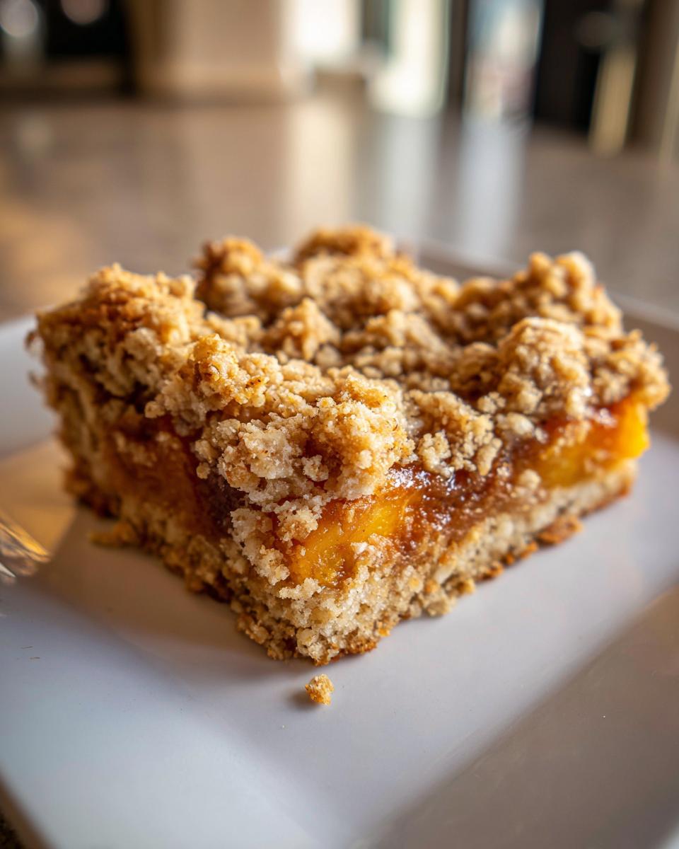 A close-up of a single peach crumble bar with a thick, buttery oat topping and a gooey peach filling.