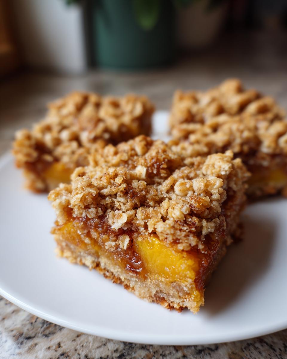 Three slices of peach crumble bars with a buttery oat topping on a white plate.