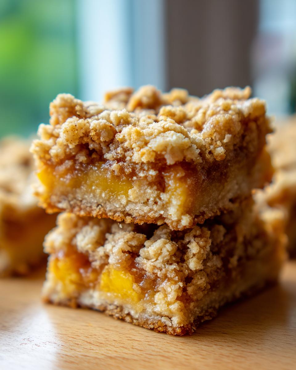 Stack of two delicious peach crumble bars with a buttery oat topping.
