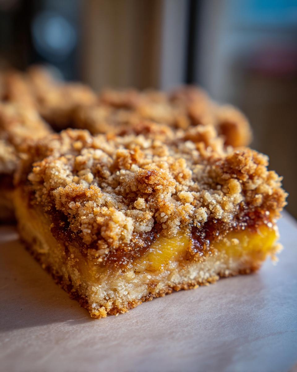 Close-up of a peach crumble bar with a thick layer of fruit and a buttery oat topping.