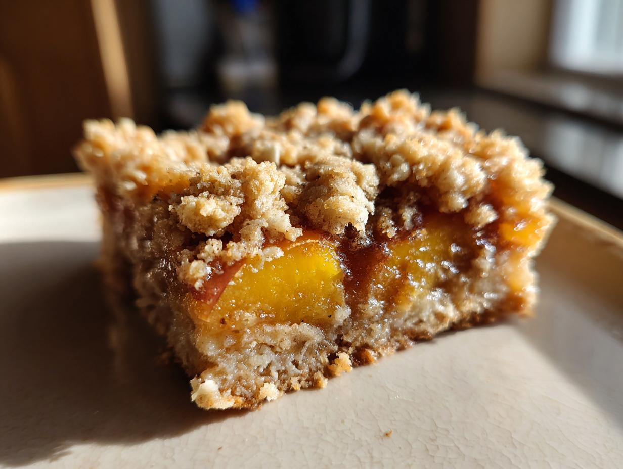 Close-up of a single peach crumble bar with a thick, buttery oat topping and juicy peach filling.