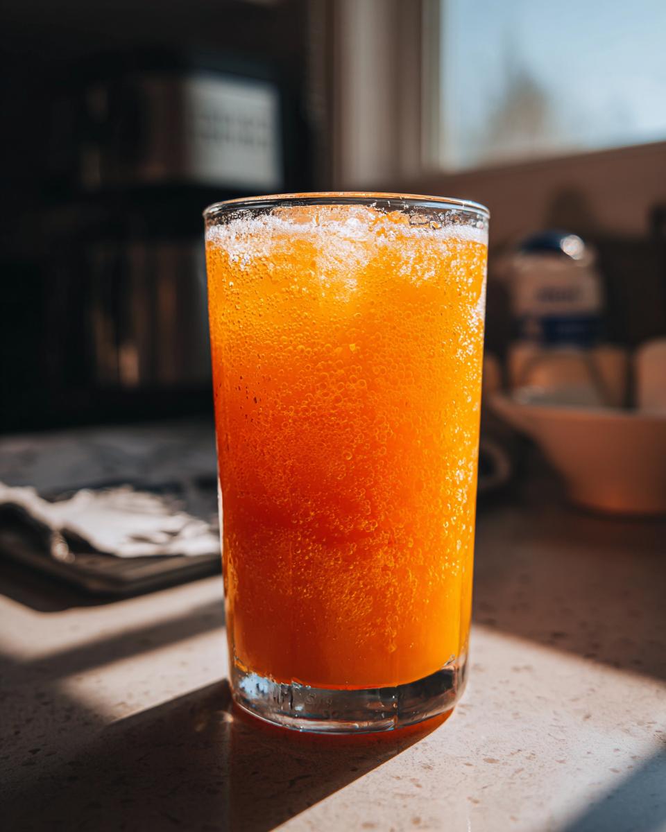 A tall glass filled with a vibrant orange iced tea slush, perfect for hot afternoons.