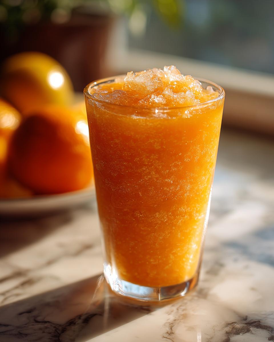 A tall glass filled with a vibrant orange iced tea slush, perfect for hot afternoons.
