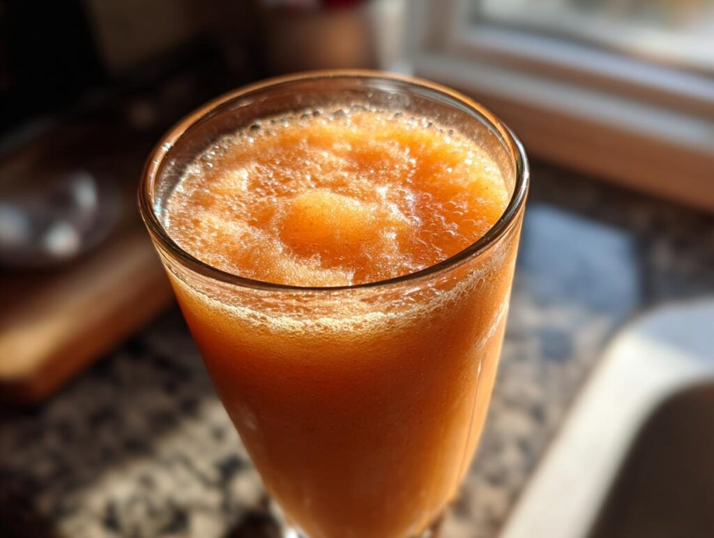 Close-up of a tall glass filled with a frosty peach iced tea slush, perfect for hot afternoons.