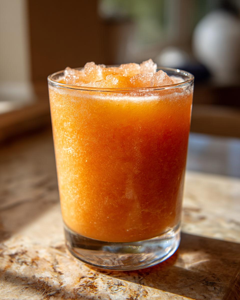 A refreshing glass of peach iced tea slush, perfect for hot afternoons.
