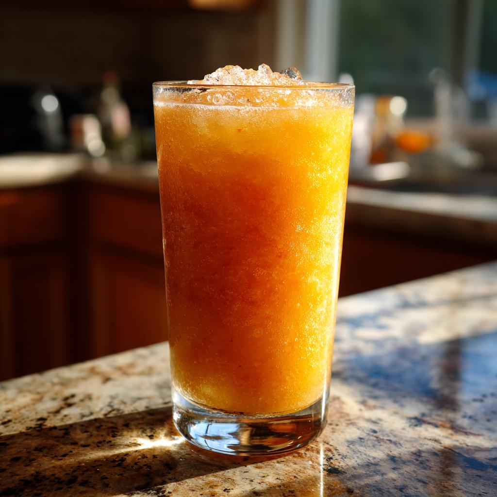 A tall glass filled with a refreshing peach iced tea slush, topped with crushed ice.