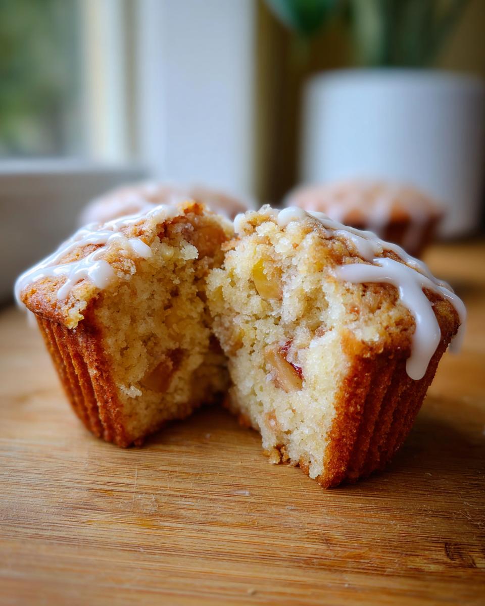 A close-up of a halved peach muffin, showing its moist crumb and chunks of peach, drizzled with vanilla glaze.