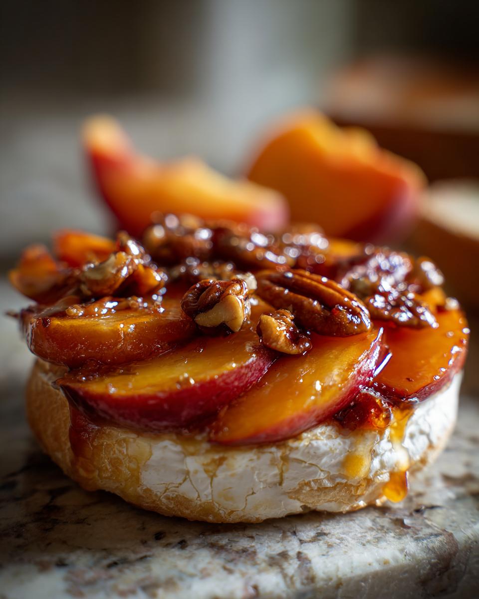 Close-up of baked brie topped with glazed peaches and toasted pecans, a perfect appetizer for peach recipes.