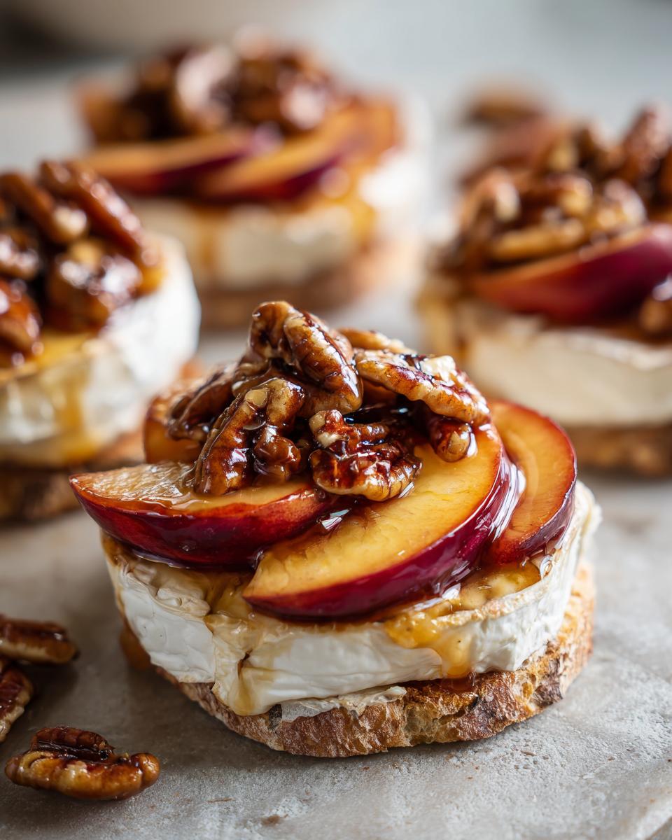 Close-up of a delicious appetizer featuring baked brie, sliced peaches, and toasted pecans on a piece of bread.