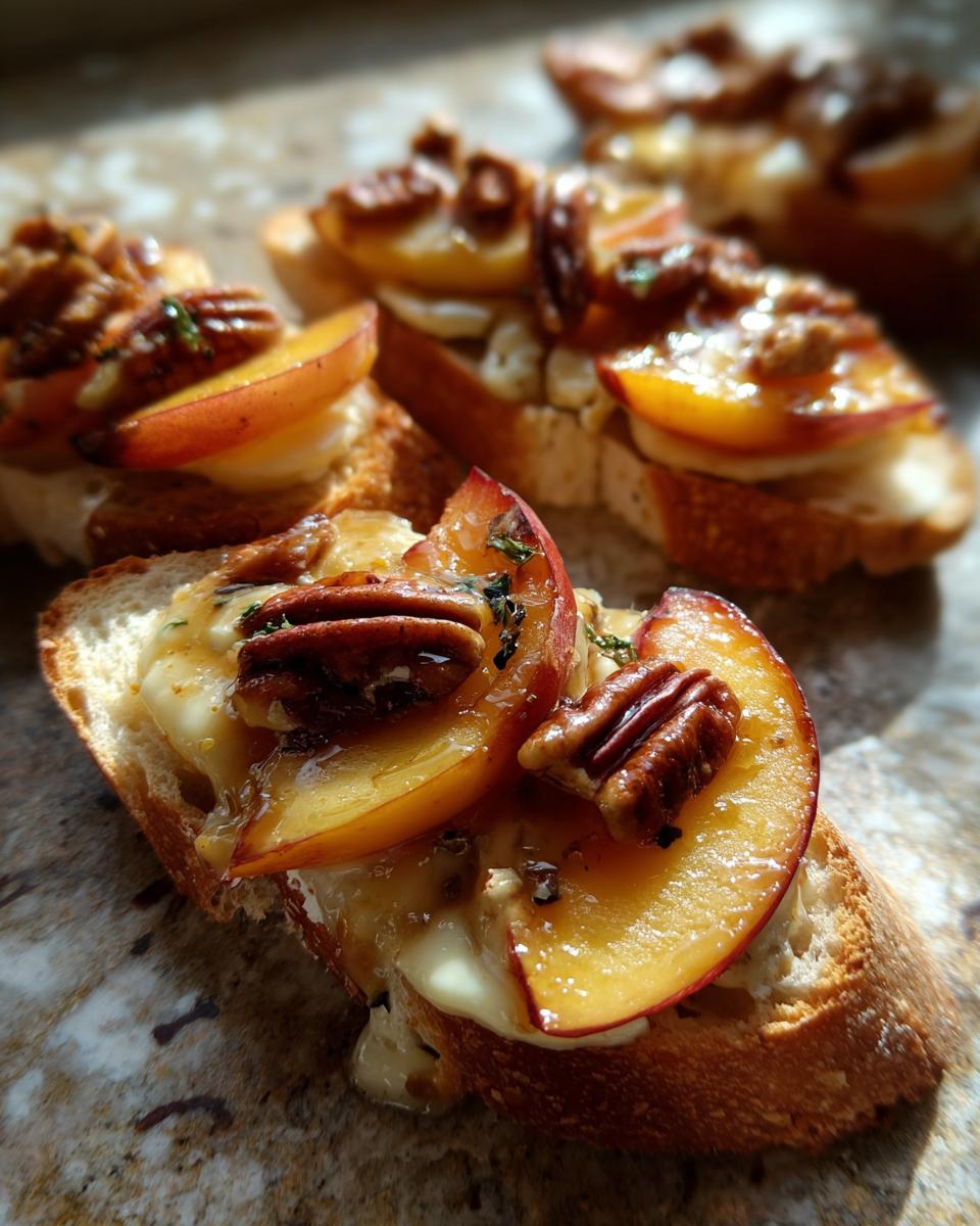 Close-up of a toasted baguette slice topped with melted brie, fresh peach slices, and toasted pecans, part of peach recipes.