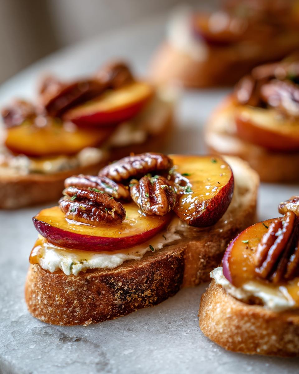 Close-up of crostini topped with creamy brie, baked peaches, and toasted pecans, a perfect peach recipe for entertaining.