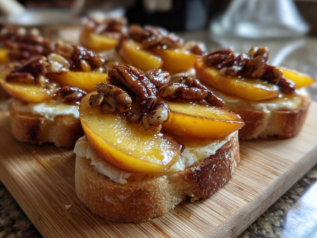 Close-up of crostini topped with creamy brie, sliced peaches, and toasted pecans, showcasing peach recipes with baked brie.