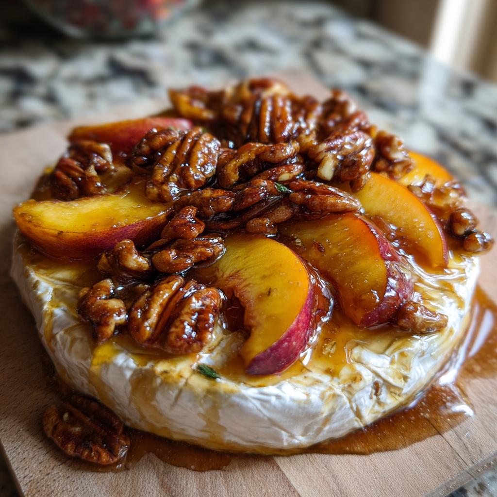 A whole baked brie topped with sliced peaches, glazed pecans, and a drizzle of honey. Perfect for peach recipes.