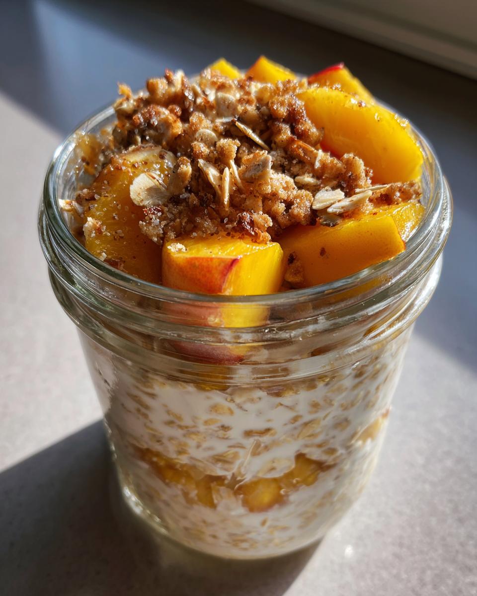 Overnight oats in a jar topped with fresh peaches and a crunchy crisp topping, part of peach recipes.