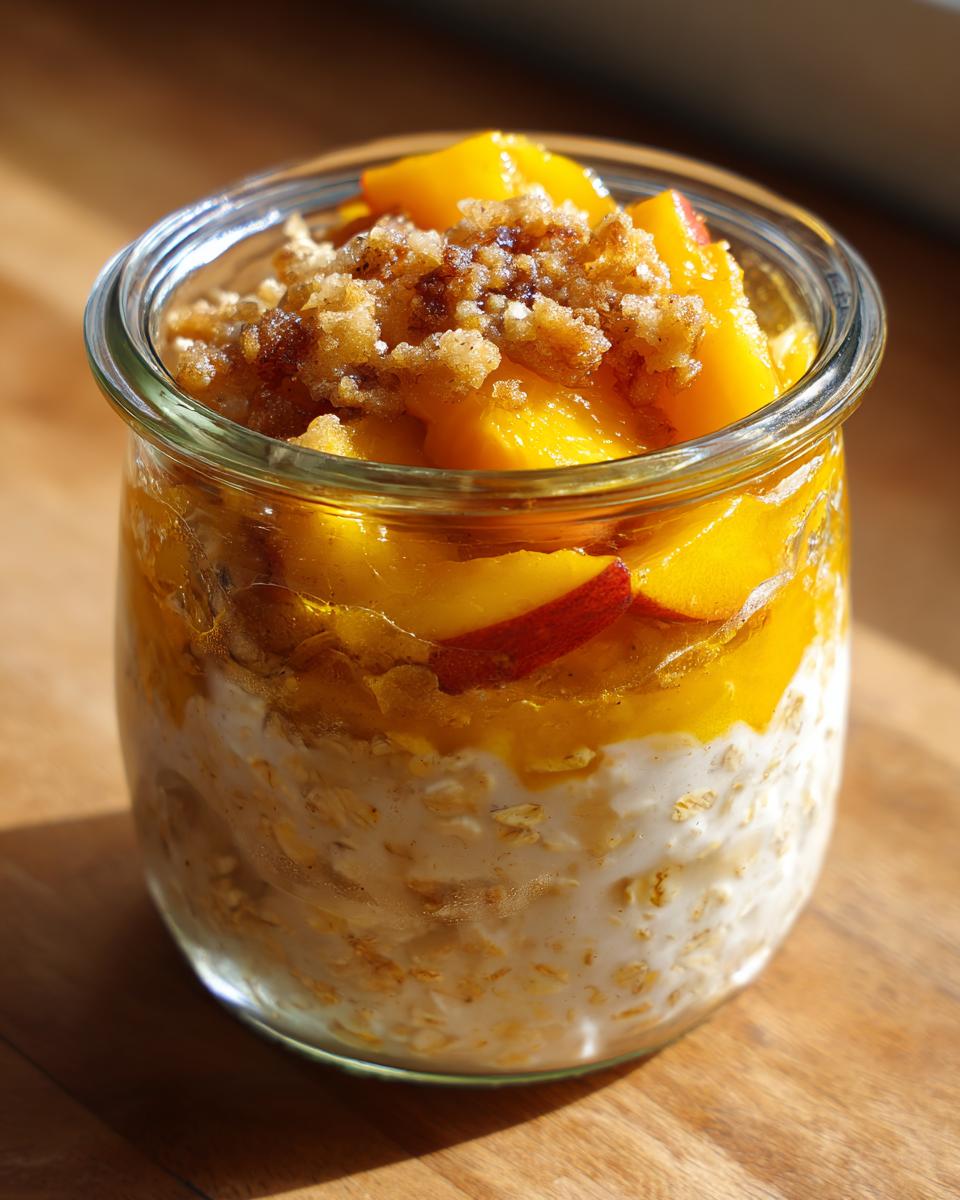 Overnight oats in a jar topped with fresh peaches and a crumble topping, part of peach recipes.