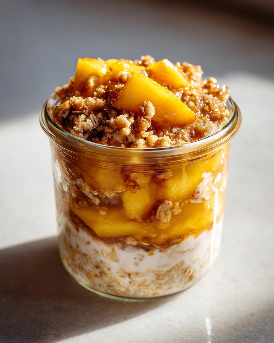 Close-up of a glass jar filled with overnight oats, layered with peaches and a crumbly crisp topping.