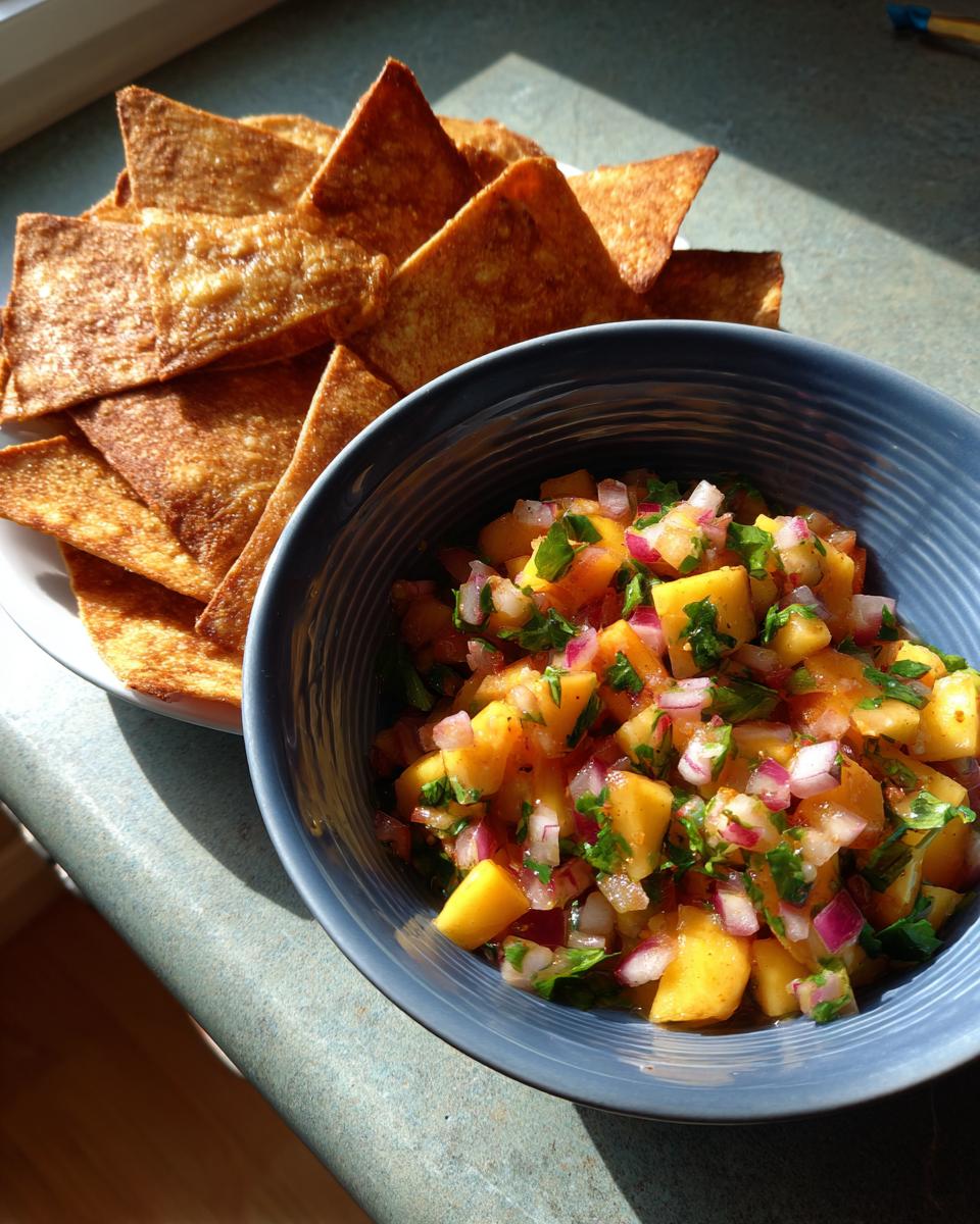 A bowl of fresh peach salsa with diced peaches, red onion, and cilantro, next to a pile of cinnamon chips.