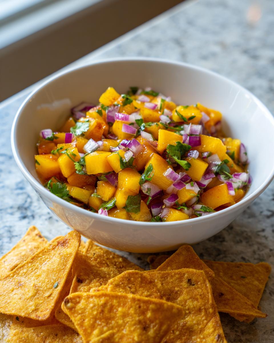 A bowl of fresh peach salsa with diced peaches, red onion, and cilantro, served with cinnamon chips.