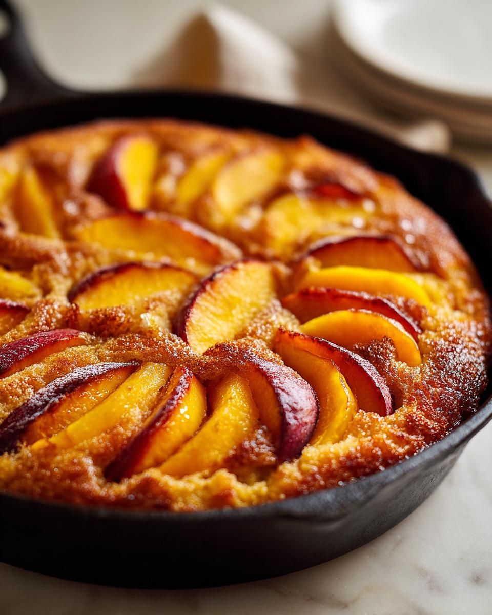 Close-up of a skillet cake topped with perfectly baked peach slices, showcasing soft summer fruit.
