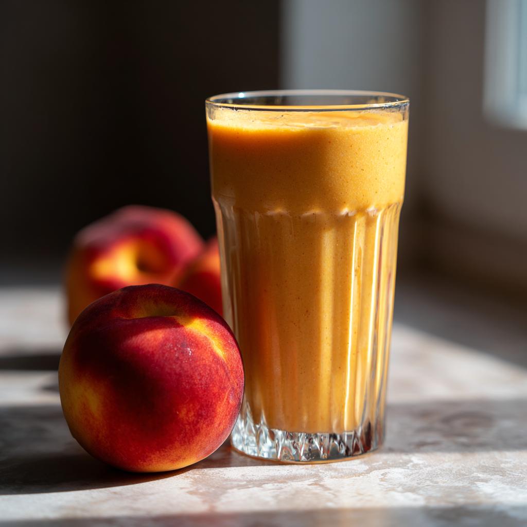 A glass of creamy peach yogurt smoothie next to fresh peaches, perfect for peach recipes.