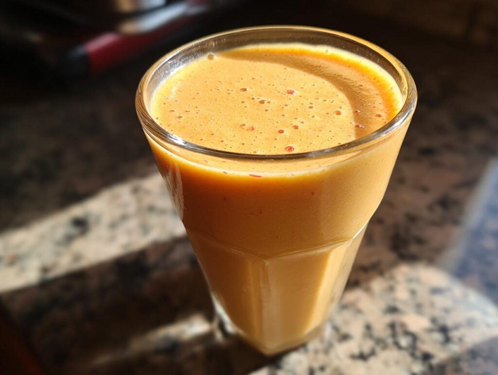 A tall glass filled with a creamy, orange-hued peach yogurt smoothie, perfect for peach recipes.