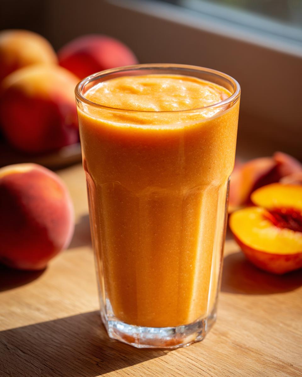 A tall glass filled with a creamy peach yogurt smoothie, surrounded by fresh peaches.