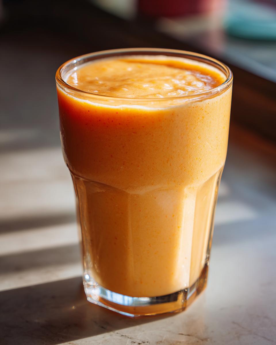 A close-up of a creamy peach yogurt smoothie in a glass, perfect for peach recipes.