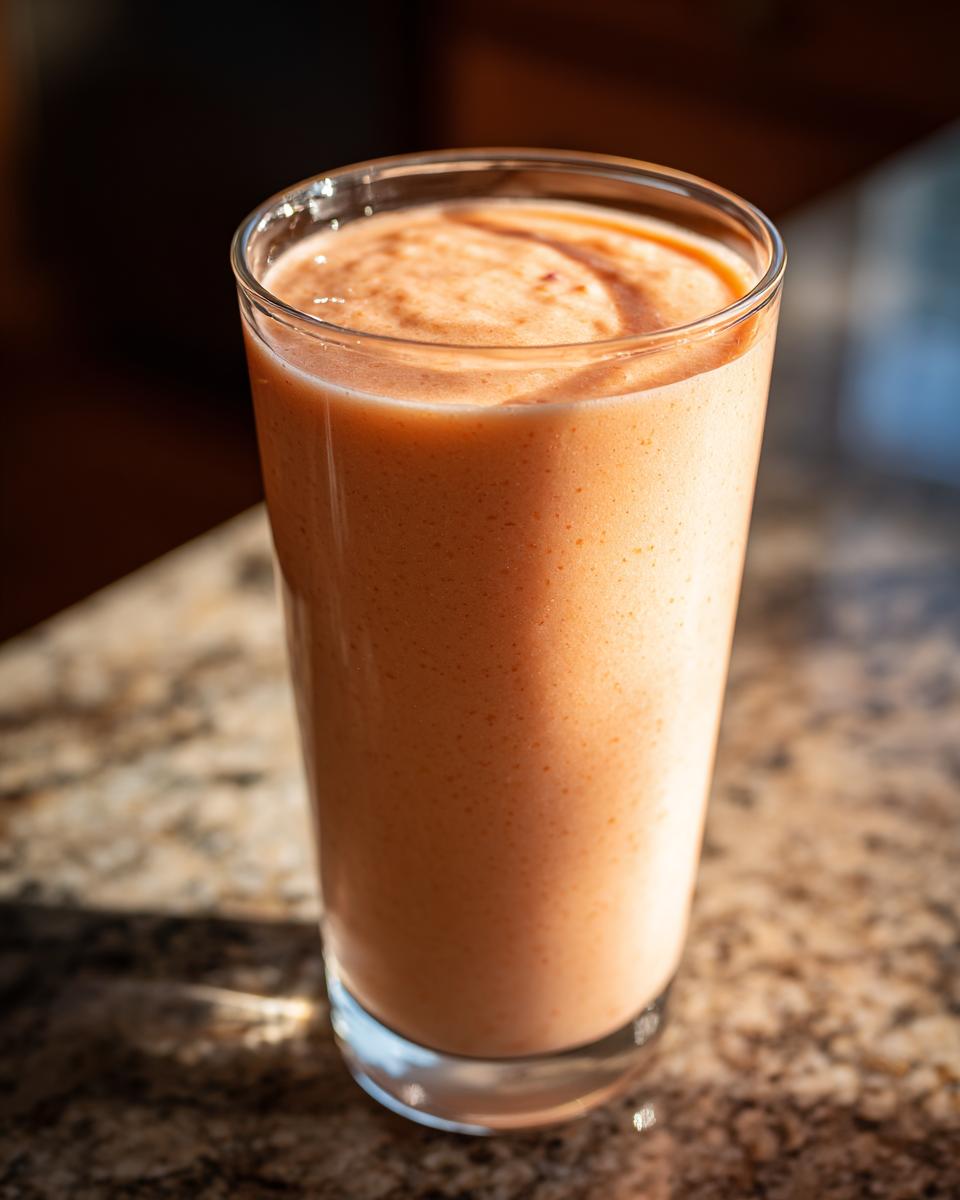 A tall glass filled with a creamy peach yogurt smoothie, perfect for peach recipes.