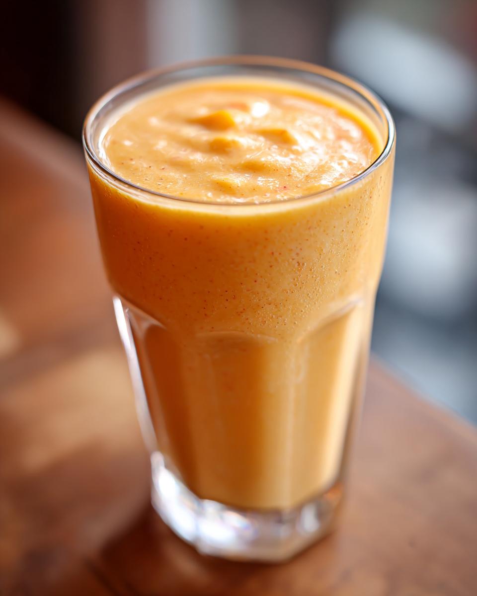 A close-up of a creamy peach yogurt smoothie in a glass, perfect for peach recipes.
