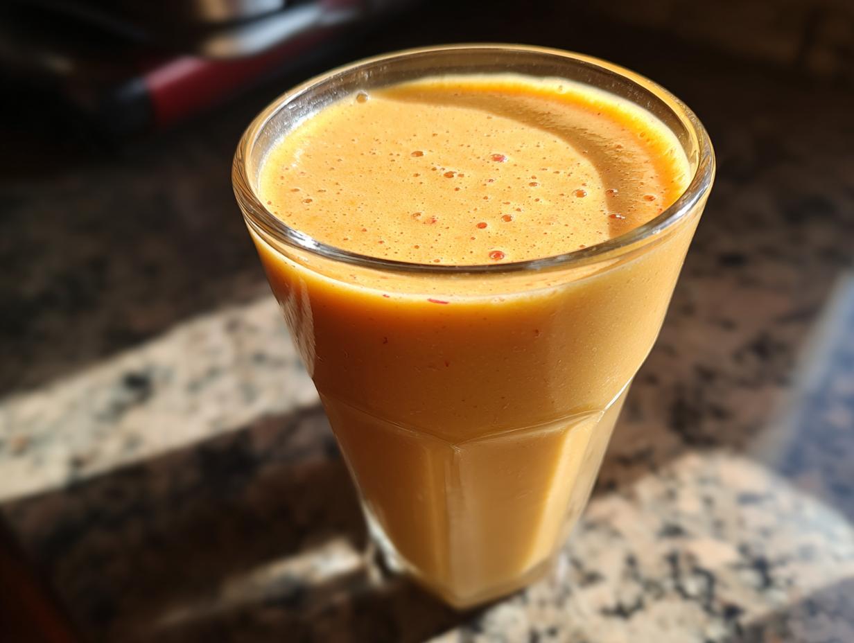 A tall glass filled with a creamy, orange-hued peach yogurt smoothie, perfect for peach recipes.