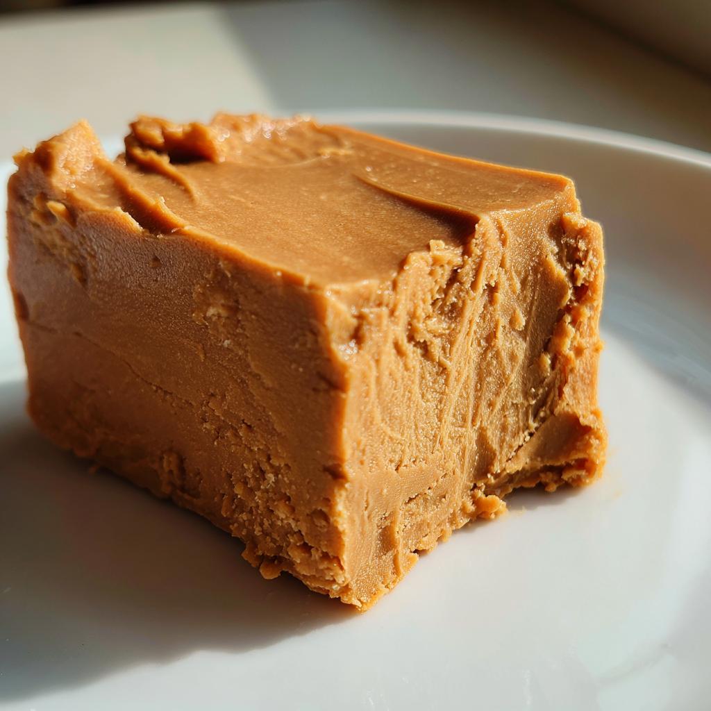 A close-up of a rich, creamy peanut butter fudge slice on a white plate, perfect for dessert recipes.